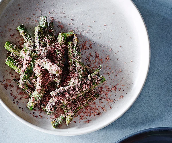 Asparagus with fermented beancurd, olives and ginger dressing