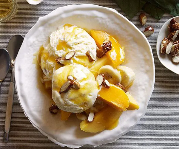 Mango sundaes with salted-caramel ice-cream