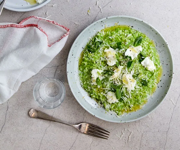 Pea risotto with buffalo mozzarella and spring herbs