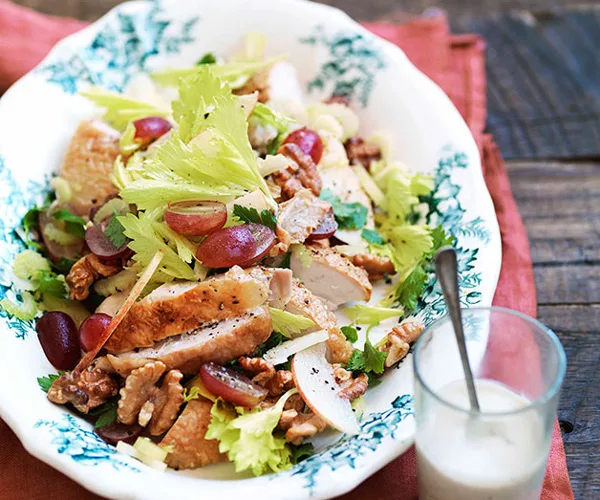 Roast chicken, walnut and grape salad with blue cheese dressing