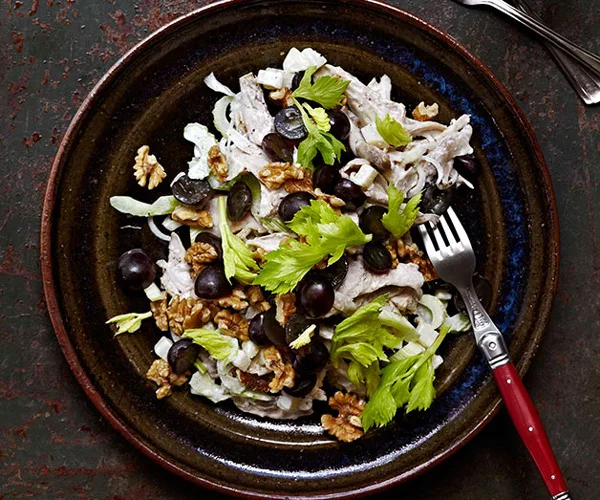 Chicken salad with black grapes, walnuts and celery