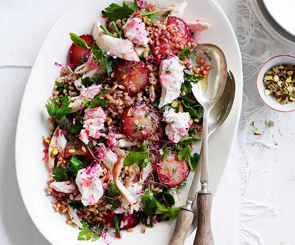 Chicken, roast plum, labne and grain salad