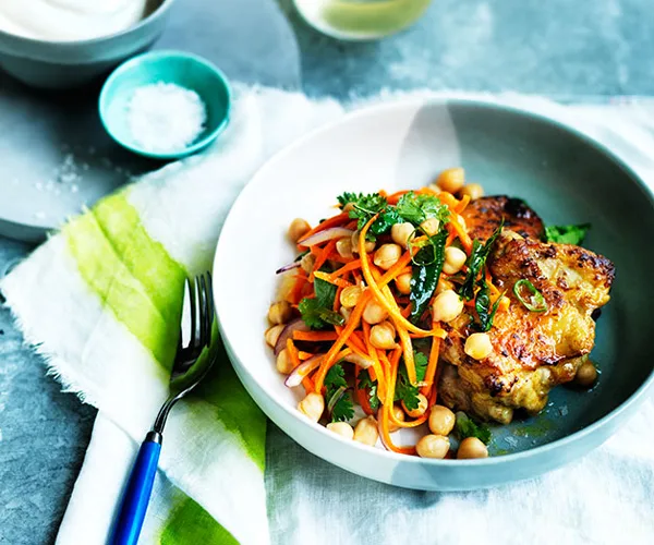 Spiced chicken with carrot, chickpea and green chilli salad