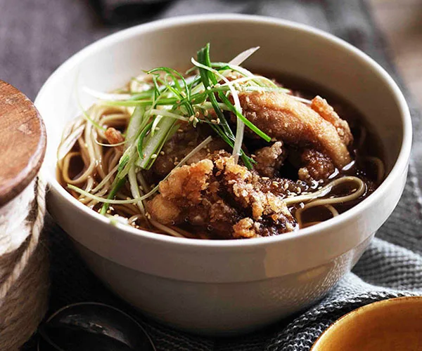 Chicken noodle soup and golden fried chicken