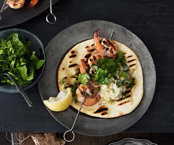 Barbecued sumac prawns with yoghurt flatbread