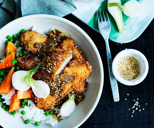 Japanese-style onion pickles with crumbed pork and curry