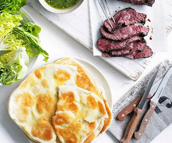 Hanger steak with chimichurri and yoghurt flatbread