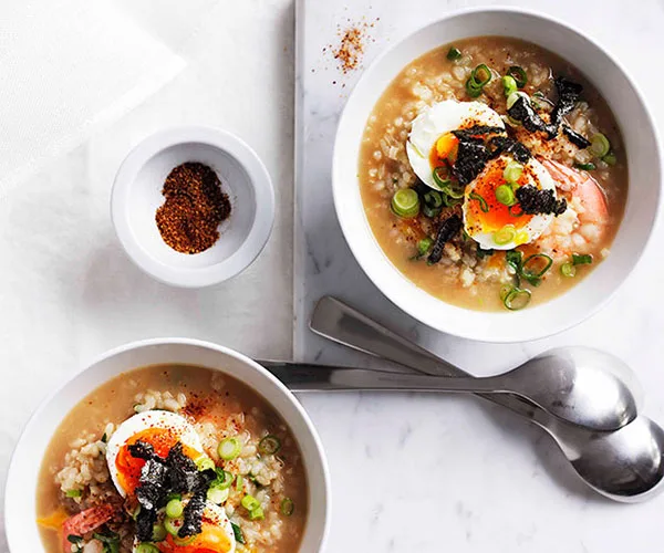 Japanese prawns and rice with hot spring eggs