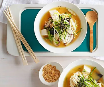 Miso broth with tofu and mushrooms