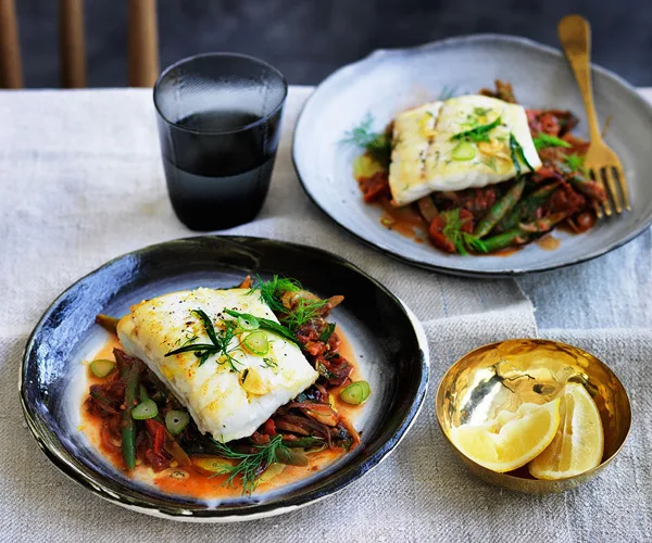 Barramundi with braised green beans, dill and mint