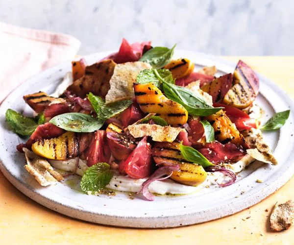 Grilled peach, tomato and labne with crisp flatbread