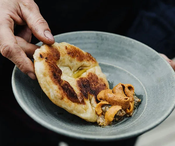 Flatbread with miso eggplant and urchin