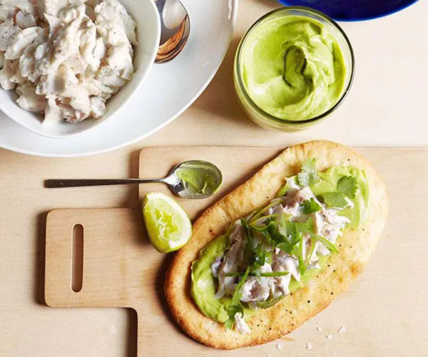 Shredded snapper, lime, coriander and avocado flatbread