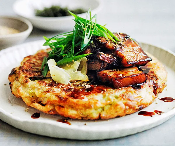 Okonomiyaki with sticky soy pork belly