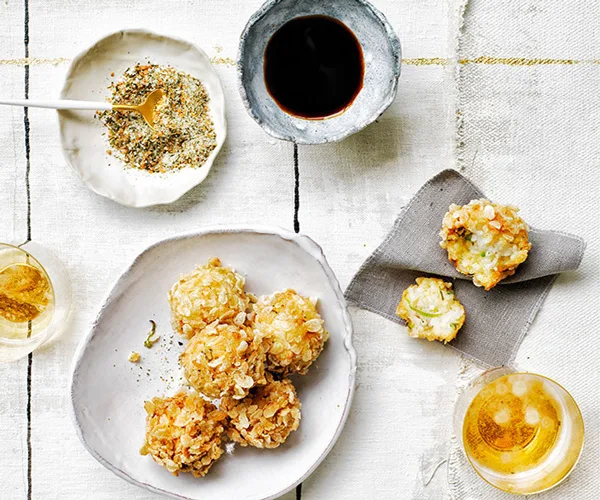 Rice and crab fritters with genmaicha salt