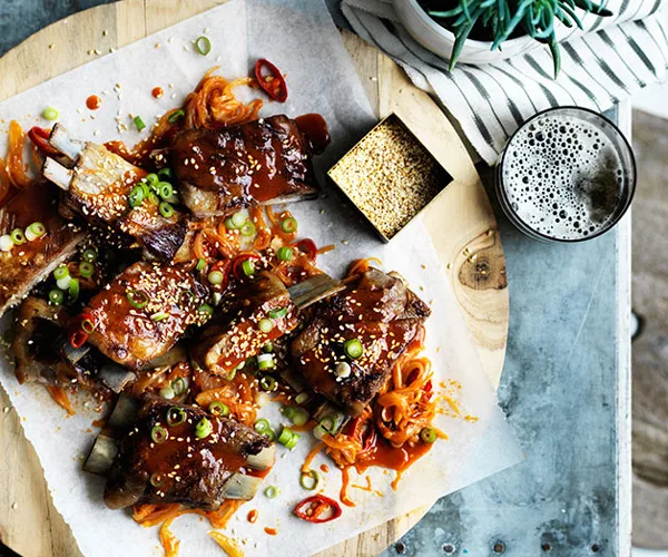 Barbecued lamb ribs with yuzu-sesame yakiniku sauce