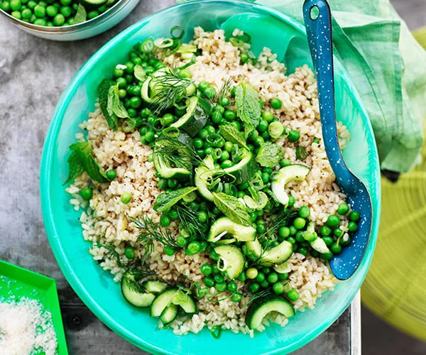 Pea and cucumber rice salad