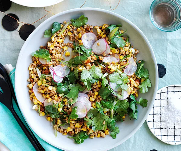 Toasted corn and spelt with miso dressing