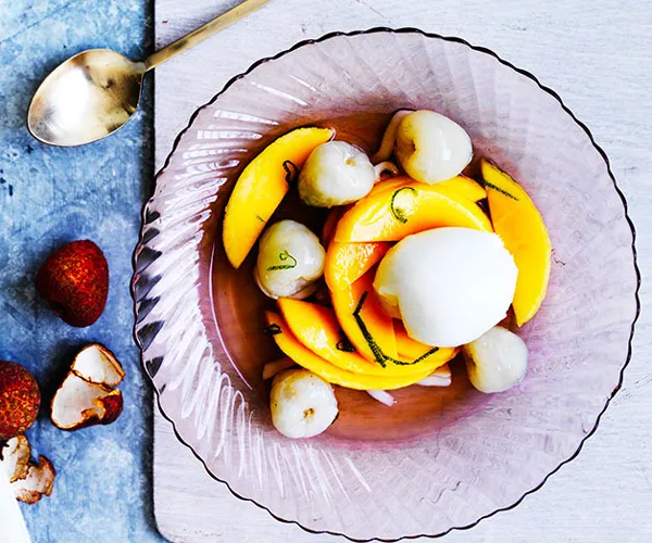 Lychee and mango with lime-coconut syrup and lemon gelato