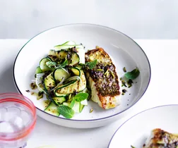 Pan-fried barramundi with zucchini, currants and mint