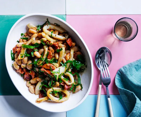 Braised beans with chorizo and calamari