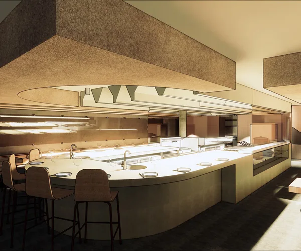 A rendering of Same Same's kitchen and dining room