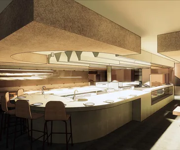 A rendering of Same Same's kitchen and dining room
