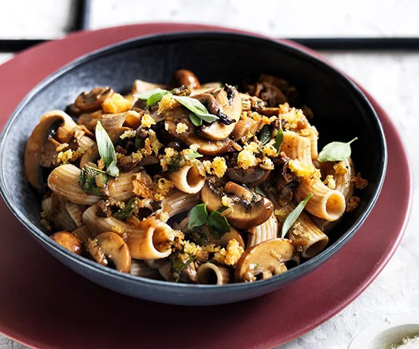 Rigatoni with mushrooms, pecorino and herb crumbs