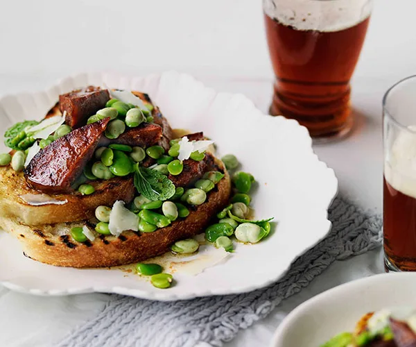Chorizo, broad beans and Manchego recipe | Gourmet Traveller