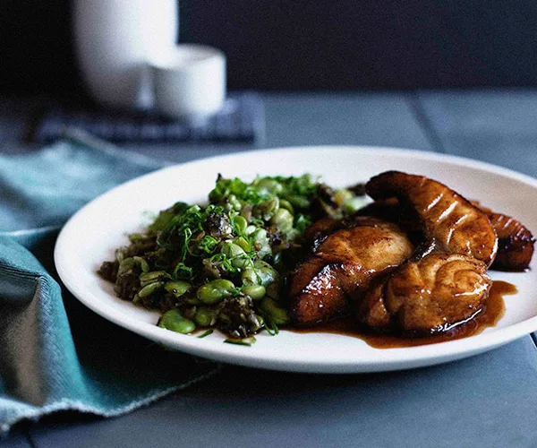 Five-spiced &lsquo;smoked&rsquo; fish with broad bean salad