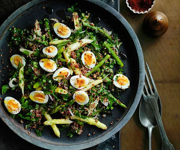 Red quinoa and quail egg salad