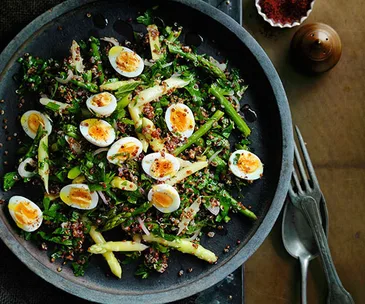 Red quinoa and quail egg salad