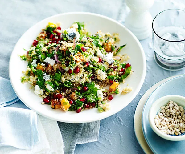 Quinoa salad with pomegranate, pumpkin and ashed goat&rsquo;s cheese