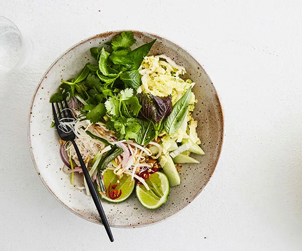 Rice noodle bowl with herbs and chilli-lime dressing