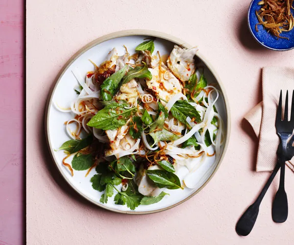 Grilled chicken and rice noodle salad