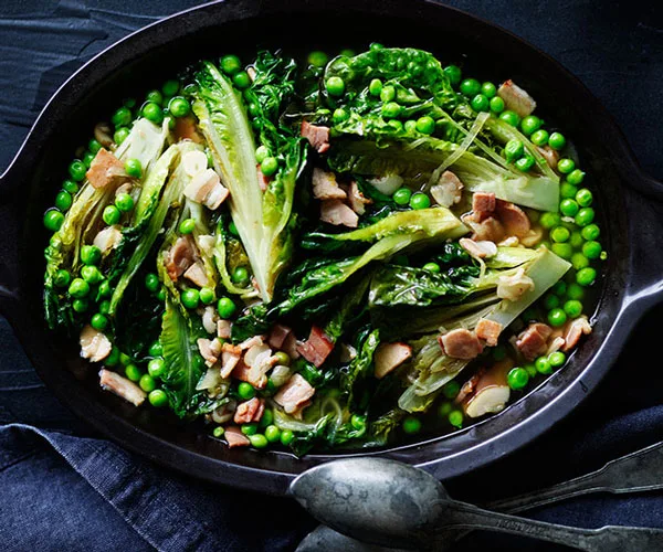 Braised lettuce, bacon and peas recipe | Gourmet Traveller