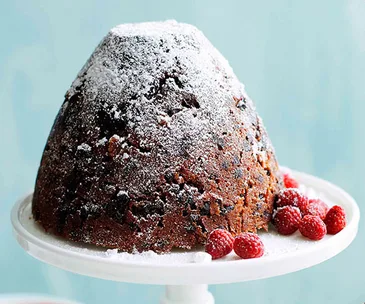 Rich Christmas pudding with muscat custard