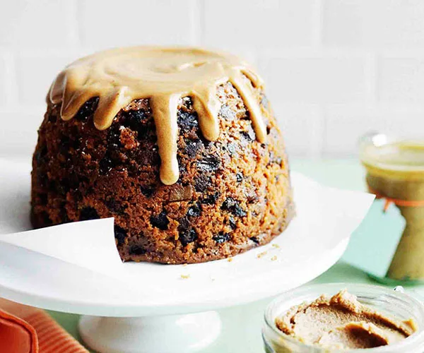 Double plum pudding with brown sugar hard sauce