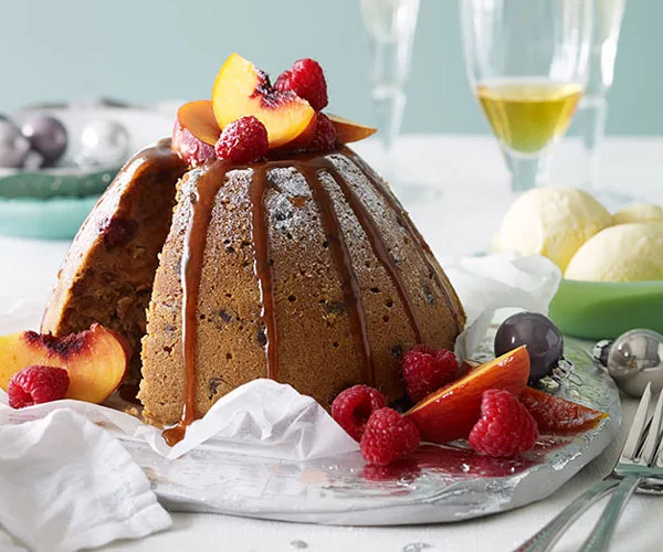 Raspberry and peach butterscotch pudding