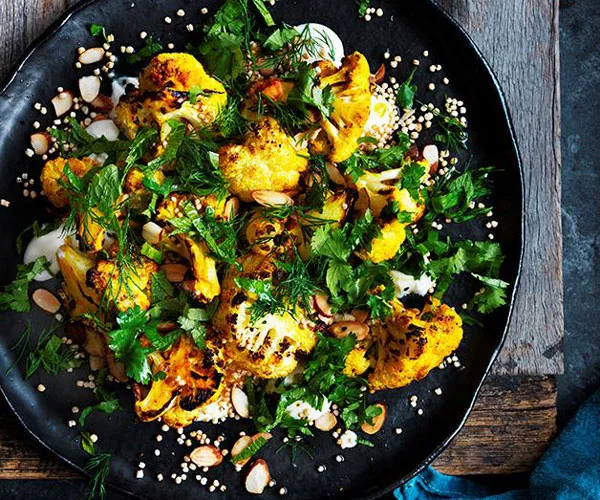 Roasted cauliflower salad with yoghurt dressing and almonds