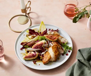 Roast chicken breasts with figs, tahini and pomegranate