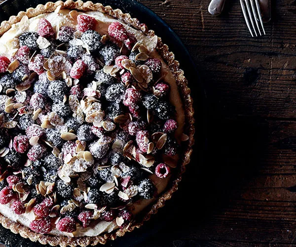 Chocolate, cherry and raspberry tart