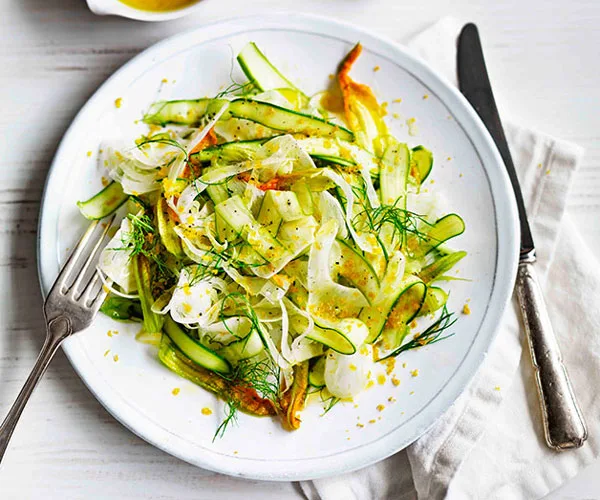 Zucchini flower, asparagus and fennel salad