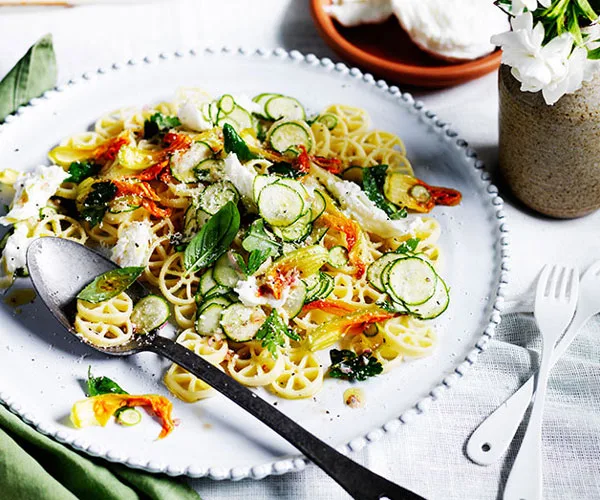 Zucchini-flower pasta freddo with buffalo mozzarella