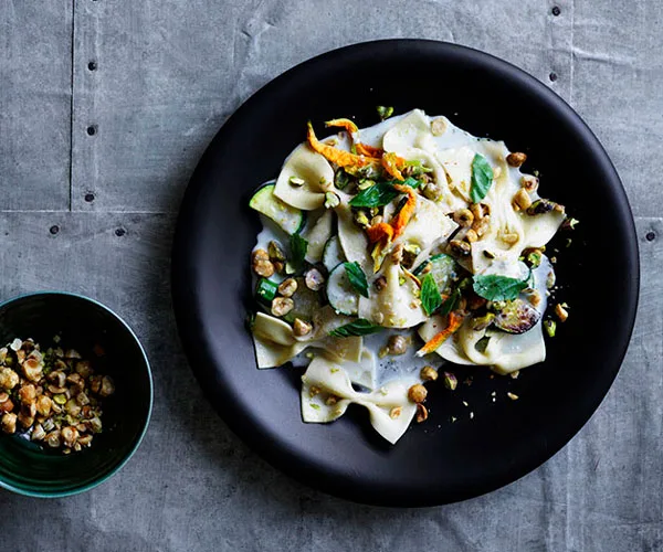 Farfalle with Gorgonzola fonduta, zucchini, basil and toasted nuts