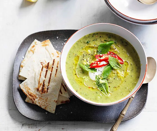 Zucchini and mint soup with grilled flatbread