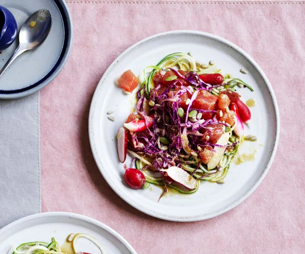 Tuna salad with zucchini, radish and sesame dressing