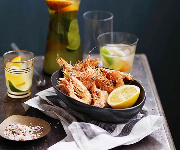 Salt and pepper prawns with lemon