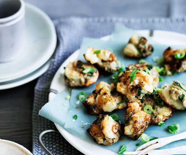 Pork, prawn and tofu fritters with salted chilli sauce