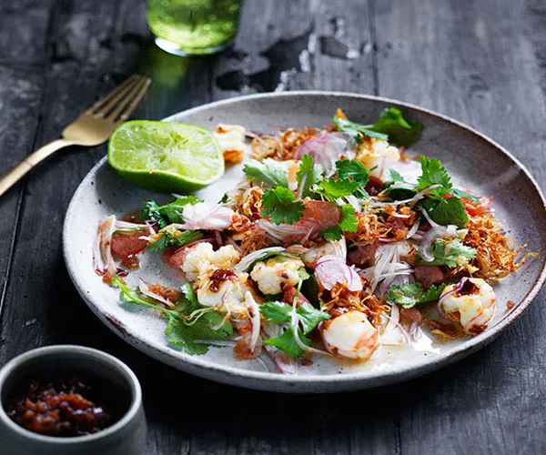 Prawn and pomelo salad with roasted chilli dressing